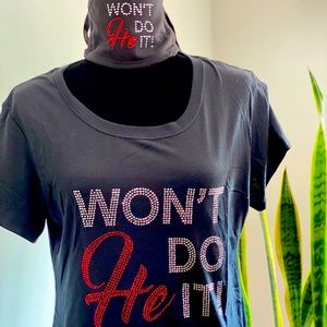 New Never worn t-shirt. Won’t He Do It! Rhinestone with matching bling face mask